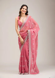 Women’s Pink Chiffon Saree with Embroidered Border Saree