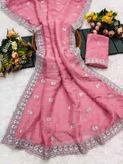 Women’s Pink Chiffon Saree with Embroidered Border Saree