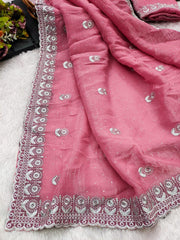Women’s Pink Chiffon Saree with Embroidered Border Saree