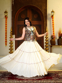 Women’s White Multicolor Gujarati Navratri Lehenga Choli with Printed Jacket