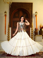 Women’s White Multicolor Gujarati Navratri Lehenga Choli with Printed Jacket