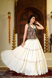 Women’s White Multicolor Gujarati Navratri Lehenga Choli with Printed Jacket