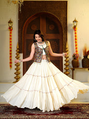 Women’s White Multicolor Gujarati Navratri Lehenga Choli with Printed Jacket