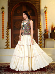 Women’s White Multicolor Gujarati Navratri Lehenga Choli with Printed Jacket