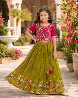 Girls’ Teal Green & Maroon Embroidered Lehenga Choli Set