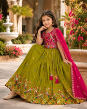 Girls’ Teal Green & Maroon Embroidered Lehenga Choli Set