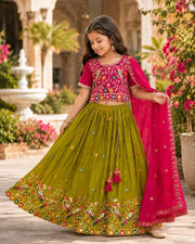 Girls’ Teal Green & Maroon Embroidered Lehenga Choli Set