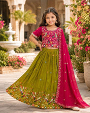 Girls’ Teal Green & Maroon Embroidered Lehenga Choli Set