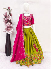 Girls’ Teal Green & Maroon Embroidered Lehenga Choli Set