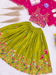 Girls’ Teal Green & Maroon Embroidered Lehenga Choli Set