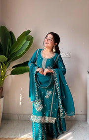 Women’s Embroidered Silk Salwar Suit Set with Palazzo & Dupatta