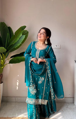 Women’s Embroidered Silk Salwar Suit Set with Palazzo & Dupatta