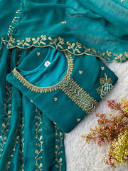 Women’s Embroidered Silk Salwar Suit Set with Palazzo & Dupatta
