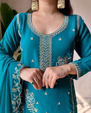 Women’s Embroidered Silk Salwar Suit Set with Palazzo & Dupatta