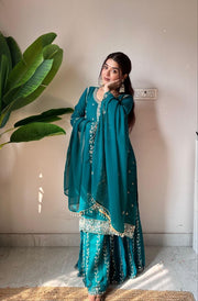 Women’s Embroidered Silk Salwar Suit Set with Palazzo & Dupatta