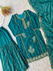 Women’s Embroidered Silk Salwar Suit Set with Palazzo & Dupatta
