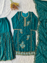 Women’s Embroidered Silk Salwar Suit Set with Palazzo & Dupatta