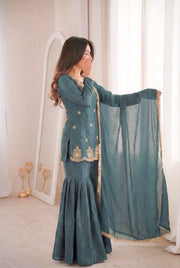 Women’s Embroidered Sharara Salwar Suit Set with Dupatta