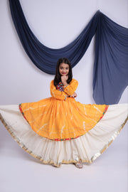Girls Traditional Lehenga Choli Set with Orange Printed Top and White Flared Lehenga