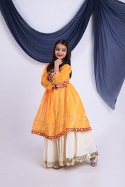 Girls Traditional Lehenga Choli Set with Orange Printed Top and White Flared Lehenga