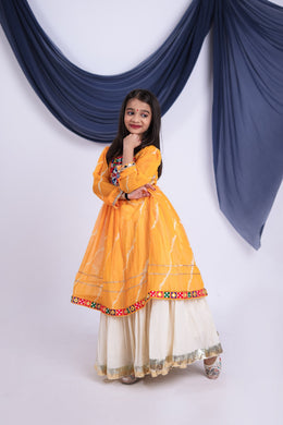 Girls Traditional Lehenga Choli Set with Orange Printed Top and White Flared Lehenga