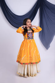 Girls Traditional Lehenga Choli Set with Orange Printed Top and White Flared Lehenga