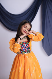 Girls Traditional Lehenga Choli Set with Orange Printed Top and White Flared Lehenga