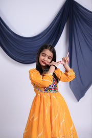 Girls Traditional Lehenga Choli Set with Orange Printed Top and White Flared Lehenga