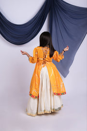 Girls Traditional Lehenga Choli Set with Orange Printed Top and White Flared Lehenga