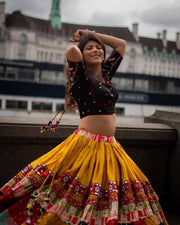 Women’s Yellow Navratri Lehenga Choli with Traditional Patchwork & Mirror Work