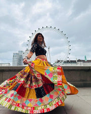 Women’s Yellow Navratri Lehenga Choli with Traditional Patchwork & Mirror Work