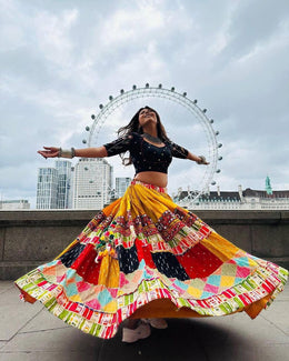 Women’s Yellow Navratri Lehenga Choli with Traditional Patchwork & Mirror Work