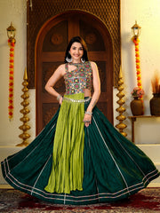 Women’s Green Pure Cotton Navratri Lehenga Choli with Fancy Lace Work