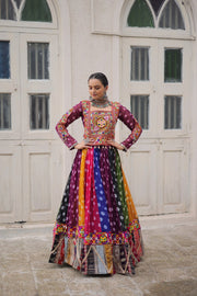 Women’s Multicolor Bandhani Anarkali Lehenga Choli with Kutchi Embroidery Work