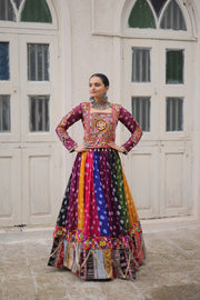 Women’s Multicolor Bandhani Anarkali Lehenga Choli with Kutchi Embroidery Work