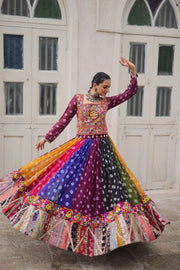 Women’s Multicolor Bandhani Anarkali Lehenga Choli with Kutchi Embroidery Work