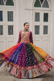 Women’s Multicolor Bandhani Anarkali Lehenga Choli with Kutchi Embroidery Work