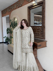 Women’s Embroidered Sharara Salwar Suit Set with Kurti & Dupatta