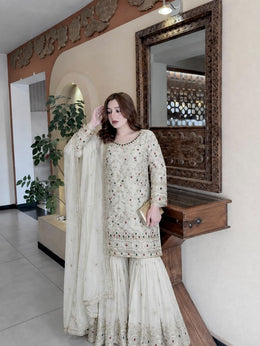 Women’s Embroidered Sharara Salwar Suit Set with Kurti & Dupatta