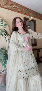 Women’s Embroidered Sharara Salwar Suit Set with Kurti & Dupatta
