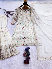 Women’s Embroidered Sharara Salwar Suit Set with Kurti & Dupatta