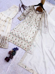 Women’s Embroidered Sharara Salwar Suit Set with Kurti & Dupatta