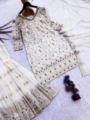 Women’s Embroidered Sharara Salwar Suit Set with Kurti & Dupatta