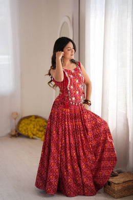 Women’s Red Bandhani Print Gujarati Navratri Lehenga Choli