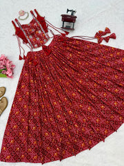 Women’s Red Bandhani Print Gujarati Navratri Lehenga Choli