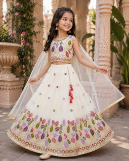 Girls’ White Floral Printed Lehenga Choli with Dupatta