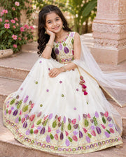 Girls’ White Floral Printed Lehenga Choli with Dupatta