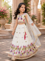 Girls’ White Floral Printed Lehenga Choli with Dupatta