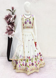 Girls’ White Floral Printed Lehenga Choli with Dupatta