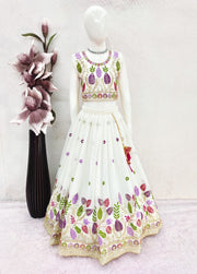 Girls’ White Floral Printed Lehenga Choli with Dupatta